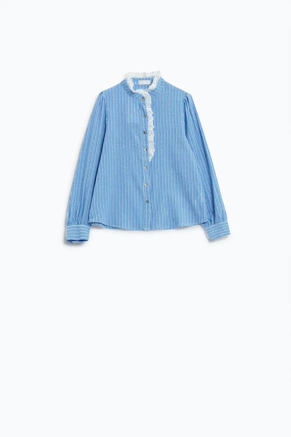 Blue Shirt With Vertical White stripes With Lace Detail - Shirts