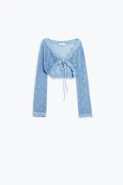 Blue short crochet cardigan with lurex detail - One Size / Blue - Sweaters