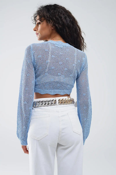 Blue short crochet cardigan with lurex detail - One Size / Blue - Sweaters