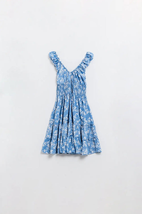 Blue Short dress With White Floral Print And Elastic Waist - Dresses