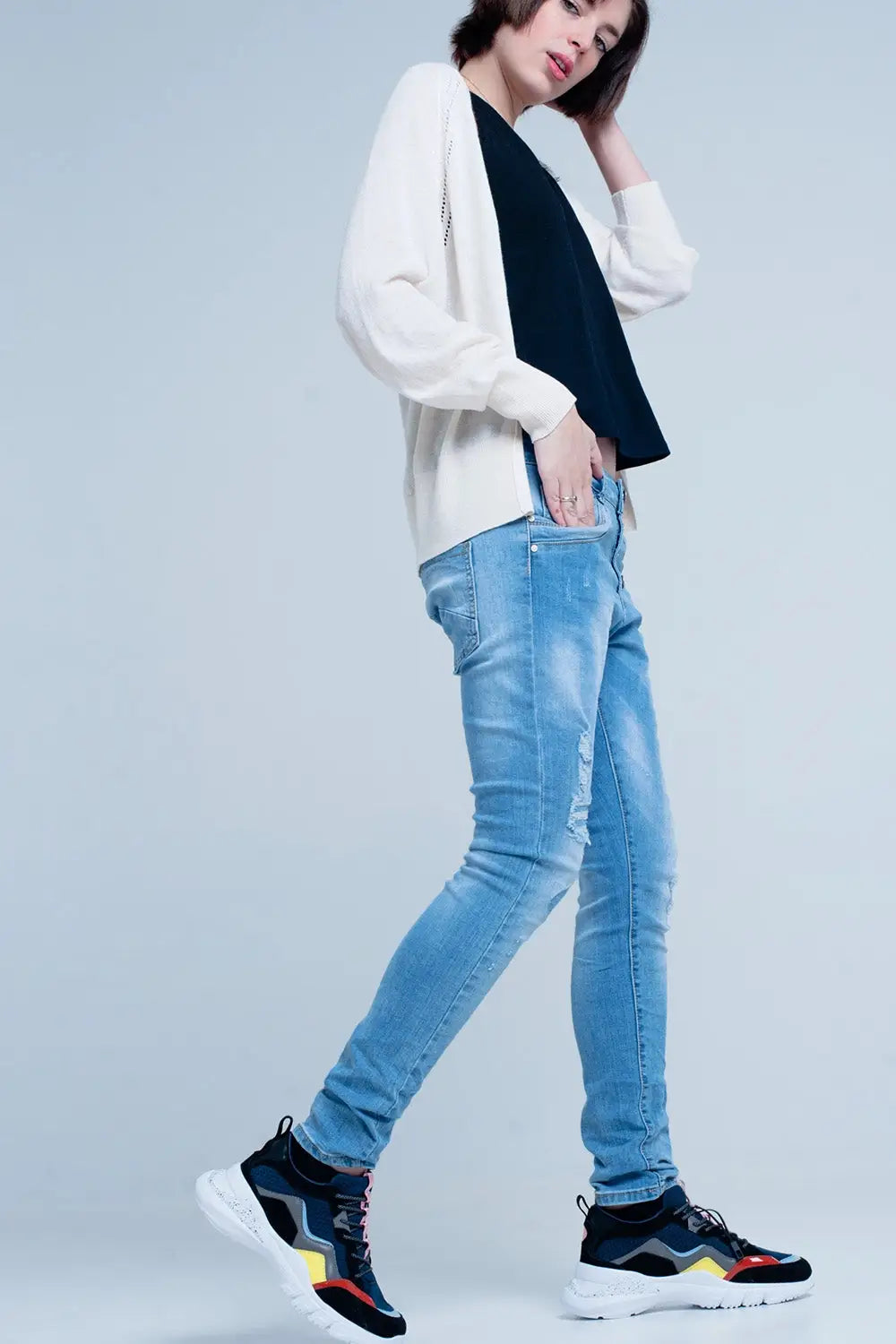 Blue Slashed Boyfriend Jeans - Jeans