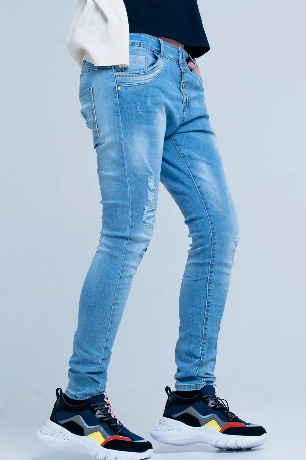 Blue Slashed Boyfriend Jeans - Jeans