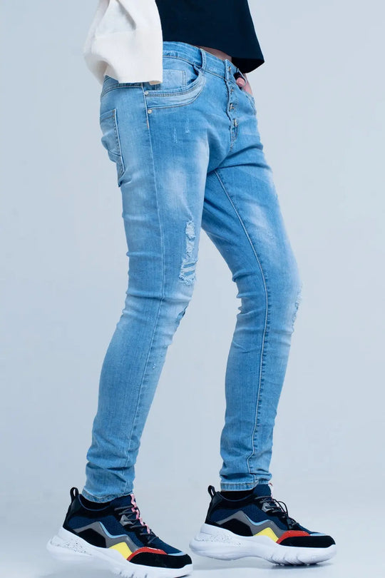 Blue Slashed Boyfriend Jeans - Jeans
