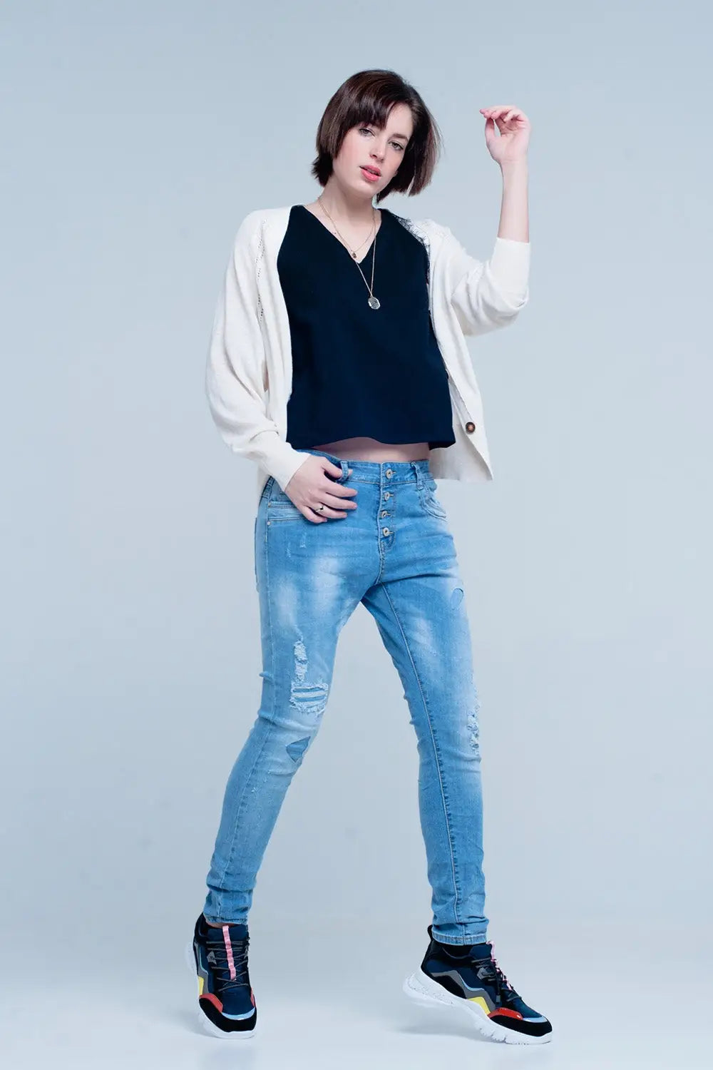 Blue Slashed Boyfriend Jeans - Jeans