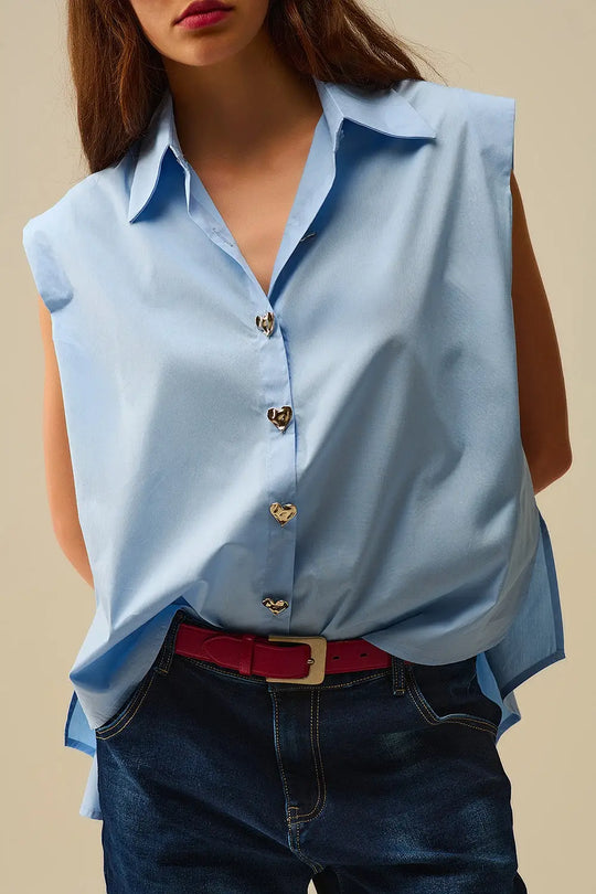 Blue Sleeveless Blouse with Heart-shaped Buttons - Shirts