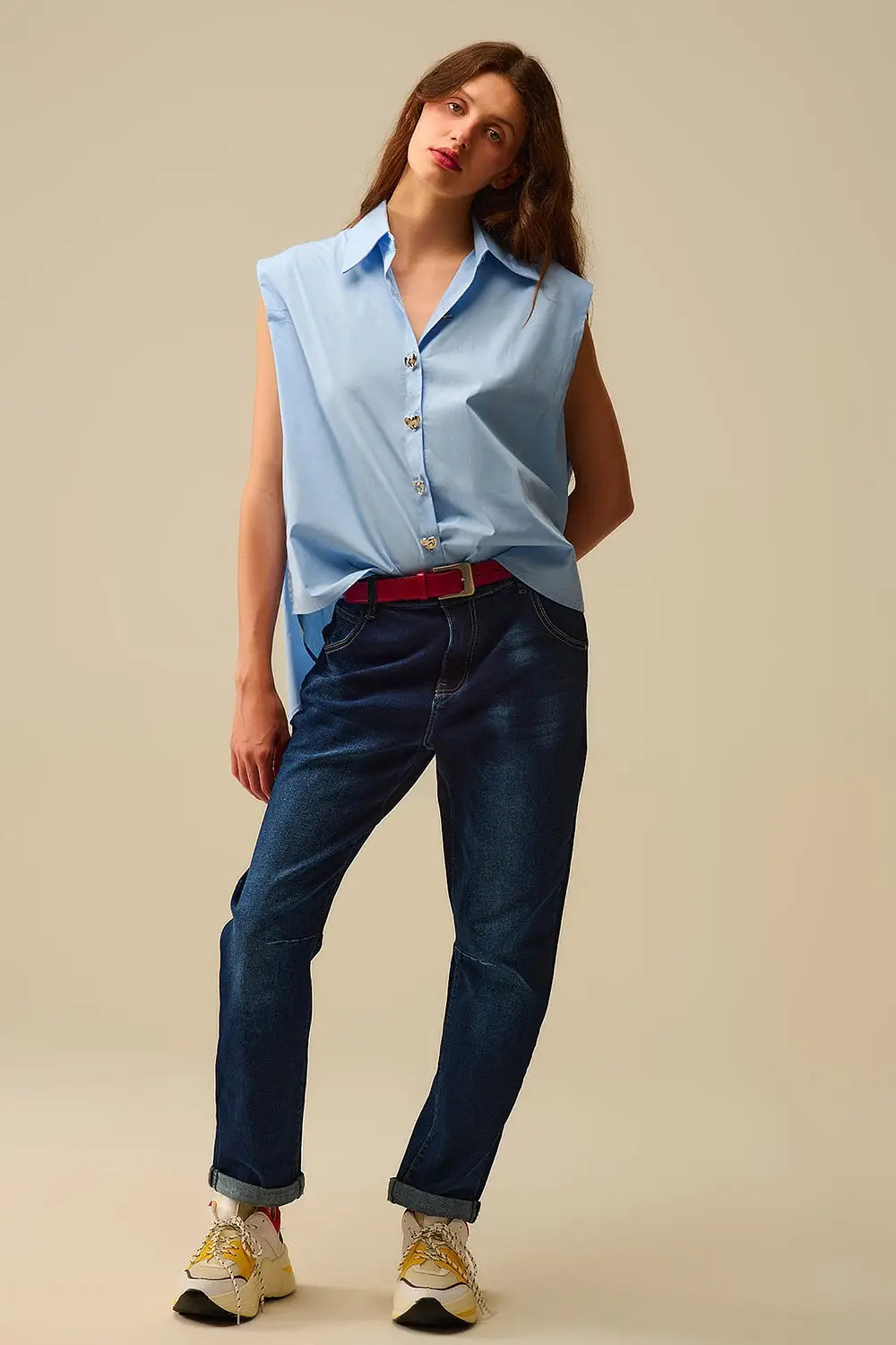 Blue Sleeveless Blouse with Heart-shaped Buttons - Shirts