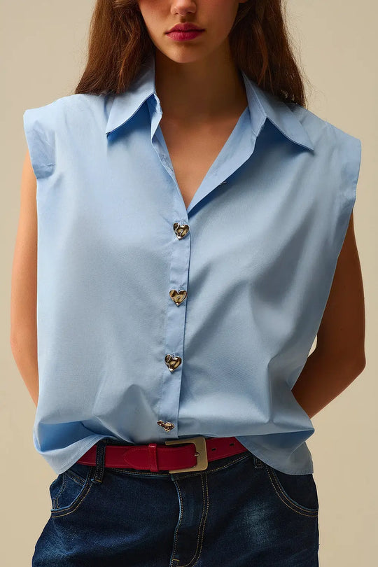 Blue Sleeveless Blouse with Heart-shaped Buttons - Shirts