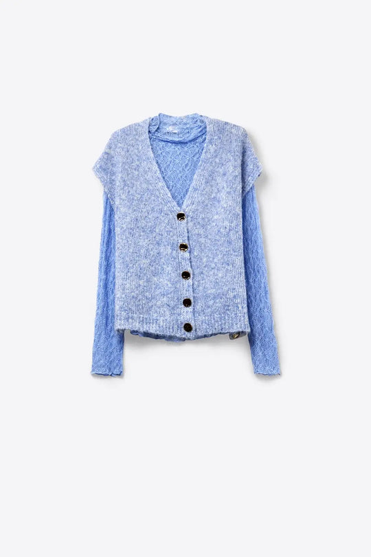 Blue Sleeveless Cardigan with Lace Insert and Silver Buttons - One Size / Blue - Sweaters