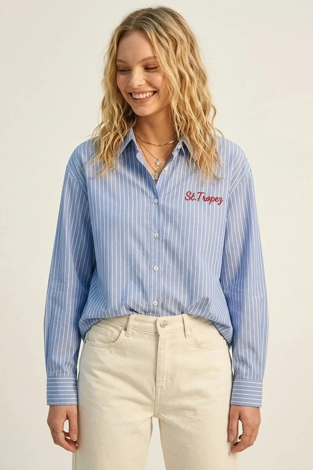 Q2 Blue Striped Classic Button-Down Shirt with Embroidery