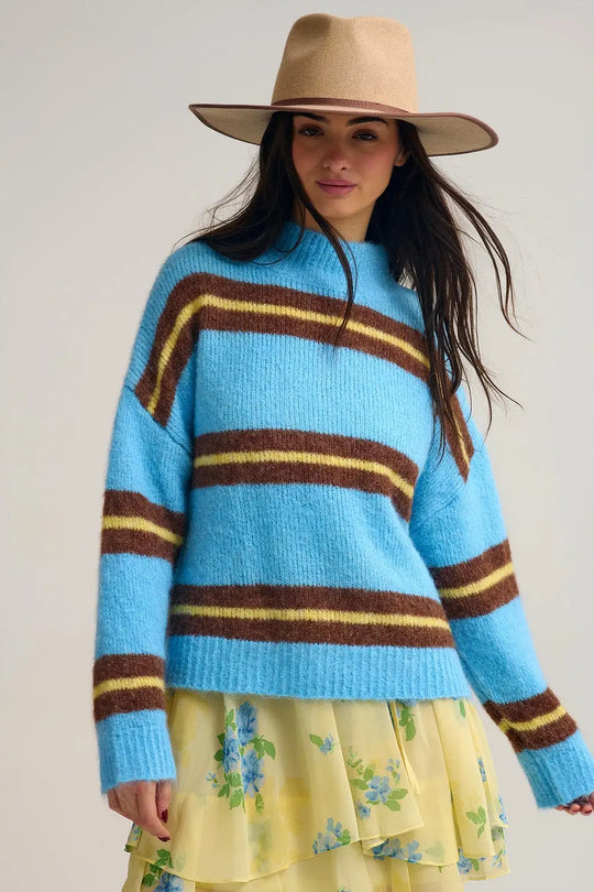 Q2 Blue Striped Knitted Sweater with Brown and Yellow Accents