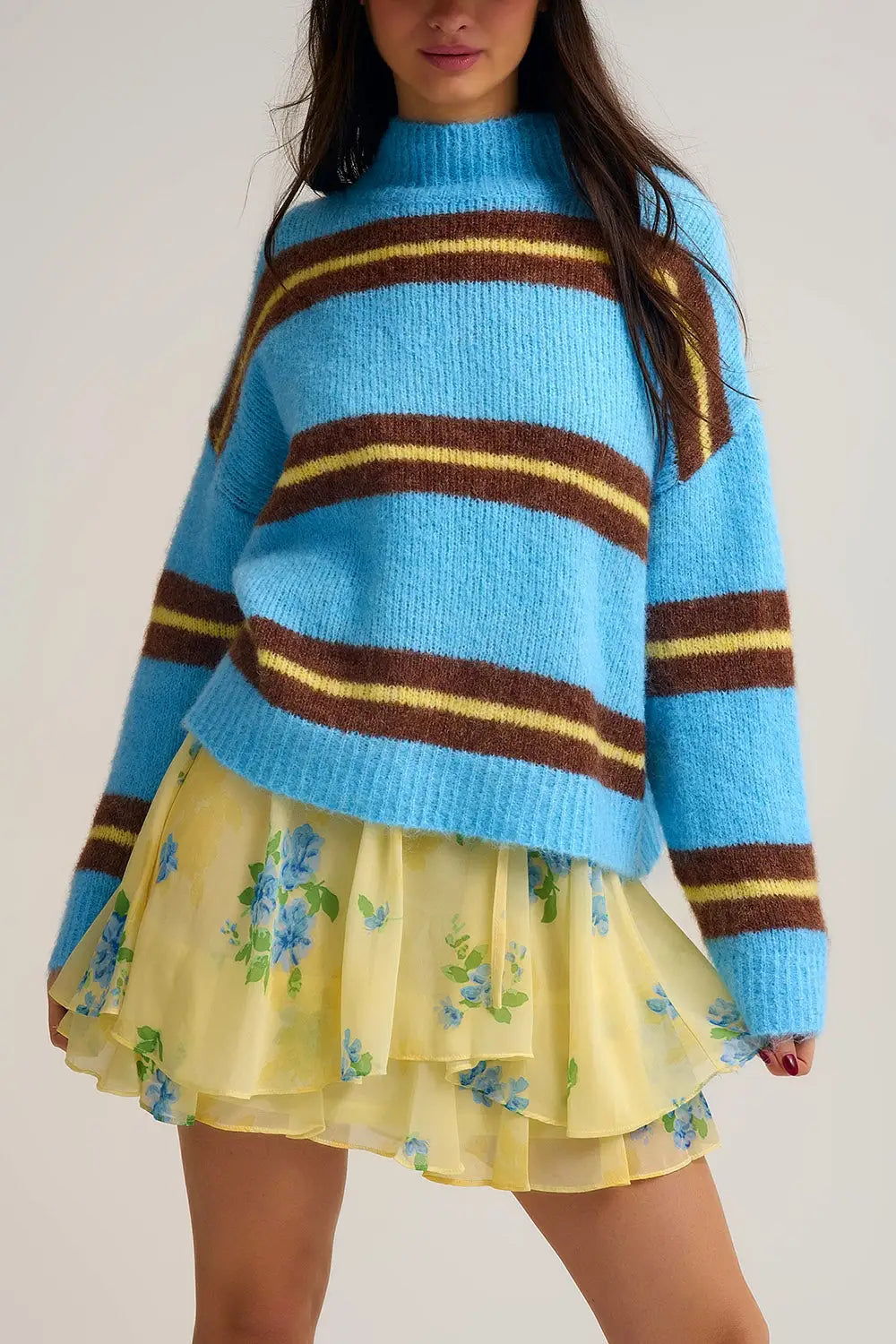 Blue Striped Knitted Sweater with Brown and Yellow Accents - One Size / Blue - Sweaters