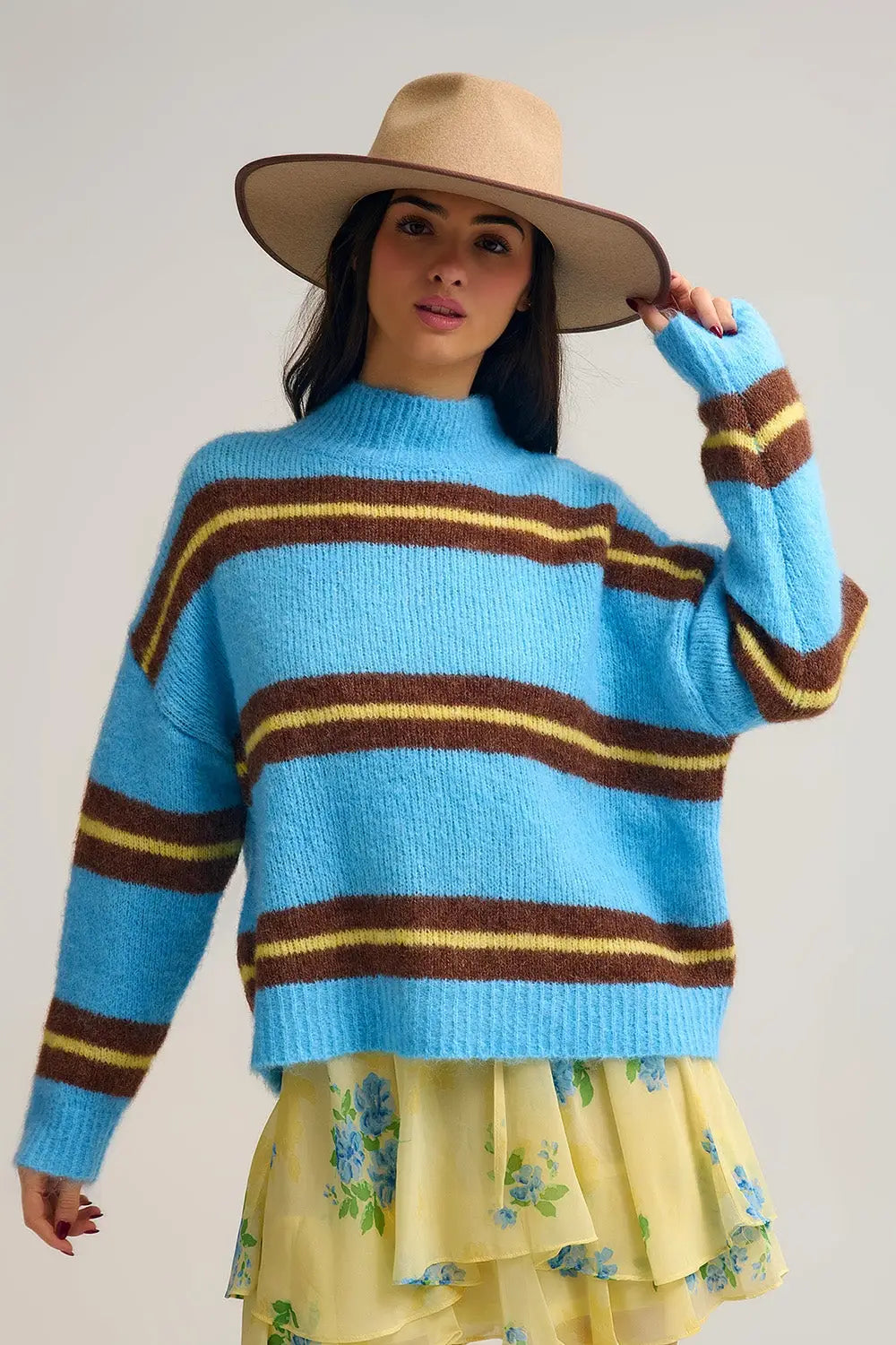 Blue Striped Knitted Sweater with Brown and Yellow Accents - One Size / Blue - Sweaters