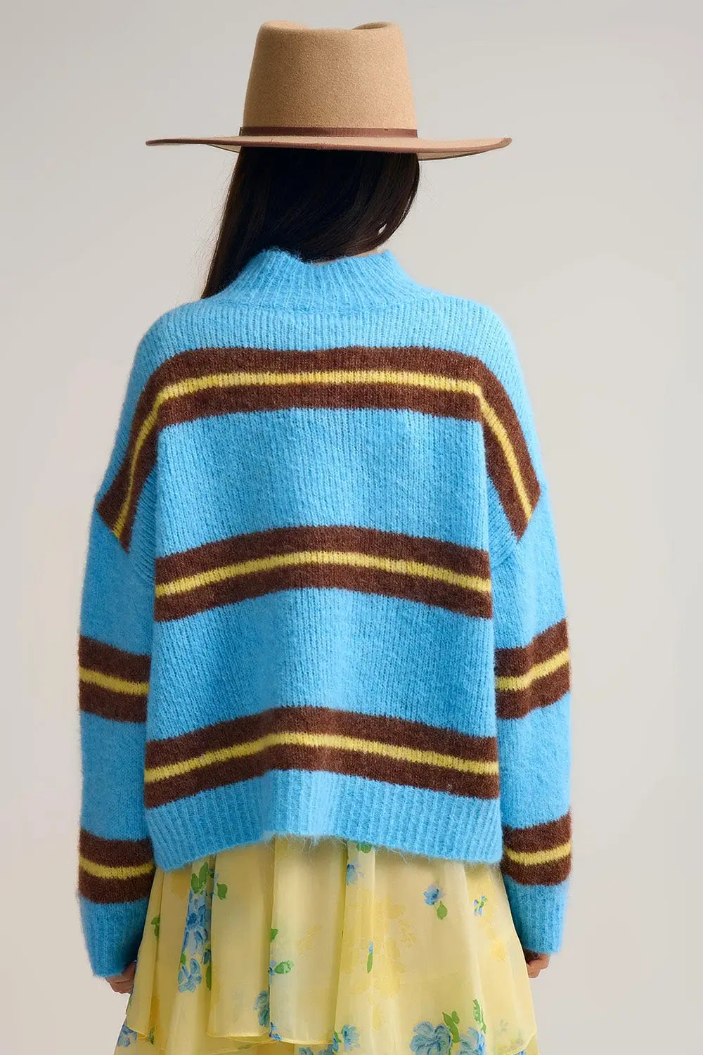 Blue Striped Knitted Sweater with Brown and Yellow Accents - One Size / Blue - Sweaters