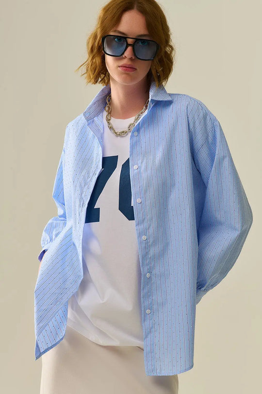 blue striped poplin shirt embellished with strass - Shirts
