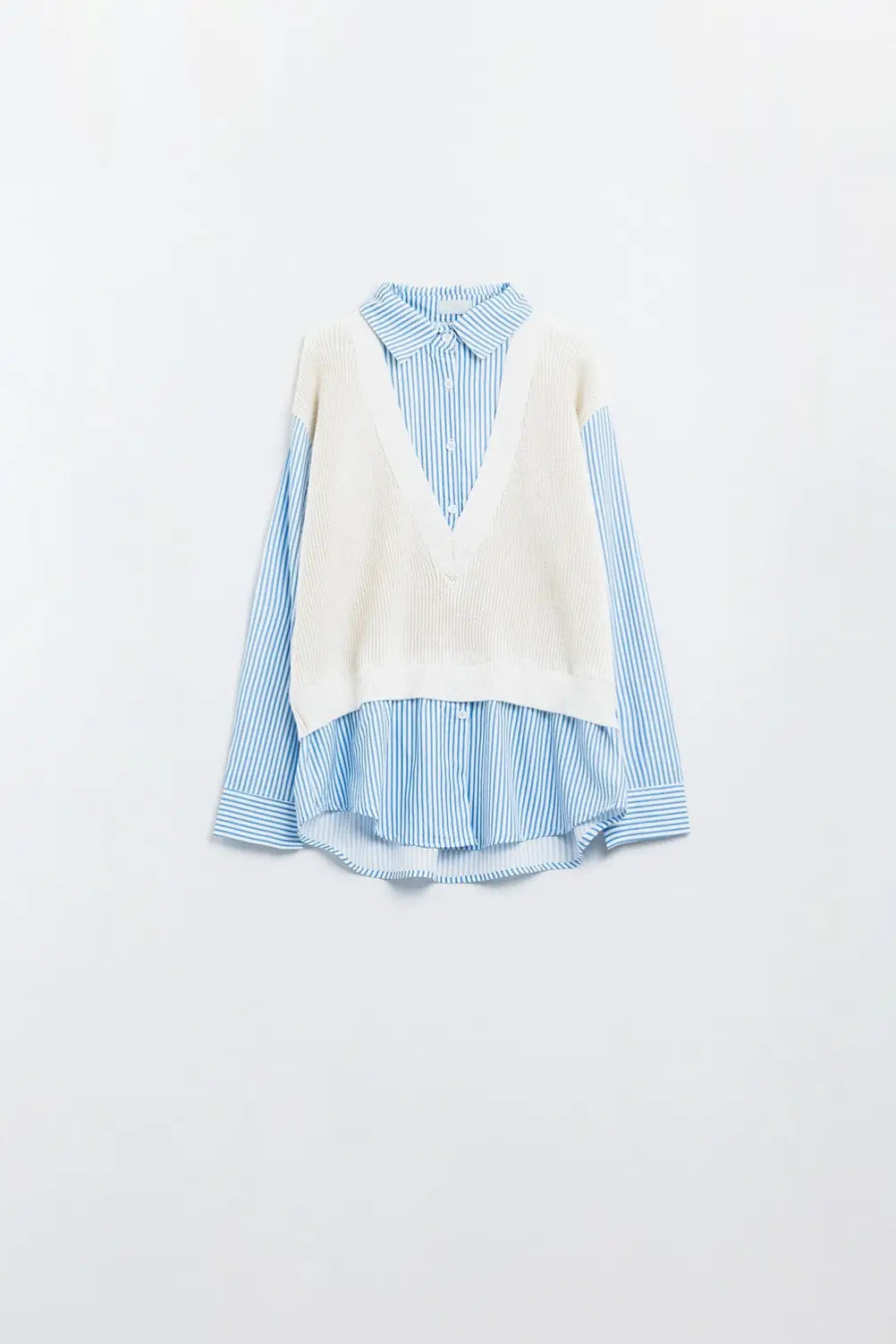 Q2 blue striped shirt and sweater in one piece