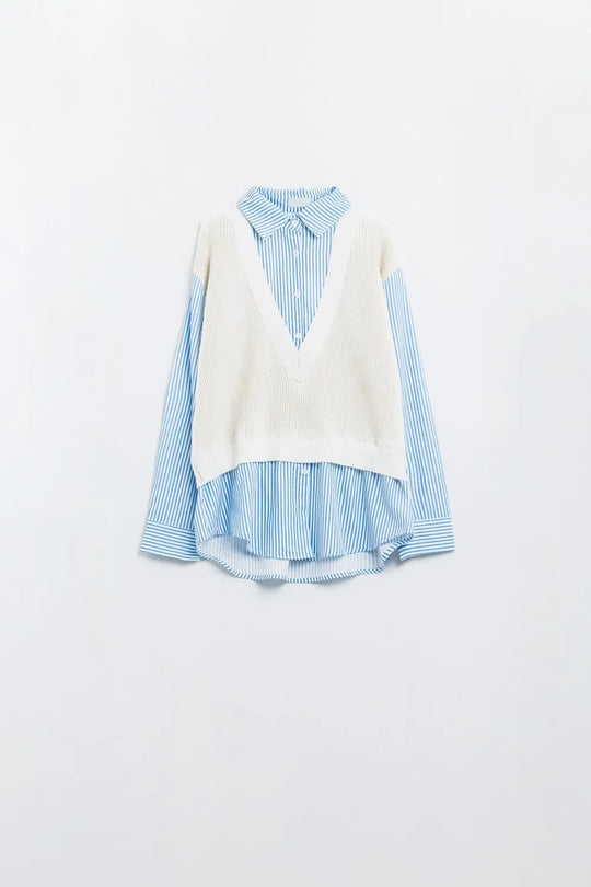 Q2 blue striped shirt and sweater in one piece