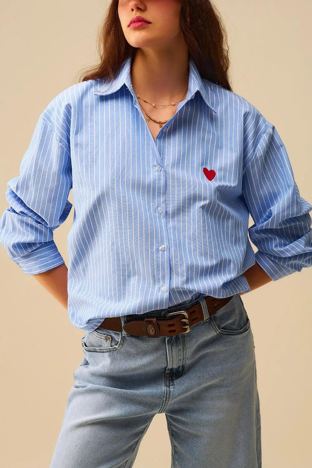 Q2 Blue Striped shirt with red heart embroidery