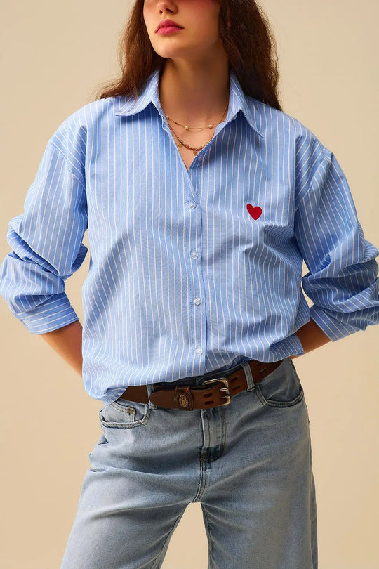 Q2 Blue Striped shirt with red heart embroidery