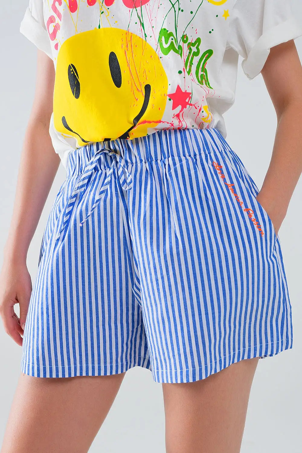 Blue Striped Shorts with Elastic Waist and Pockets - Pants