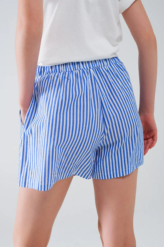 Blue Striped Shorts with Elastic Waist and Pockets - Pants