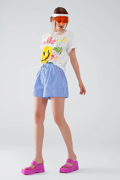 Blue Striped Shorts with Elastic Waist and Pockets - Pants