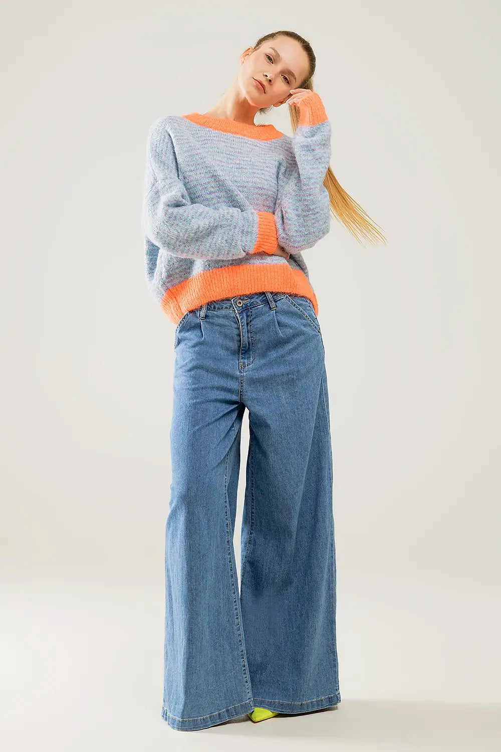 Oversized light blue/orange knit sweater - One Size / Orange - Sweaters