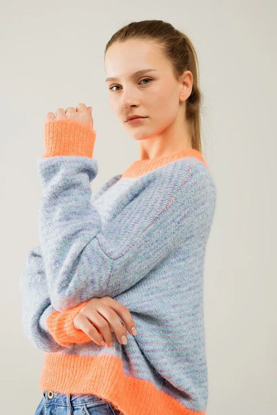 Oversized light blue/orange knit sweater - One Size / Orange - Sweaters