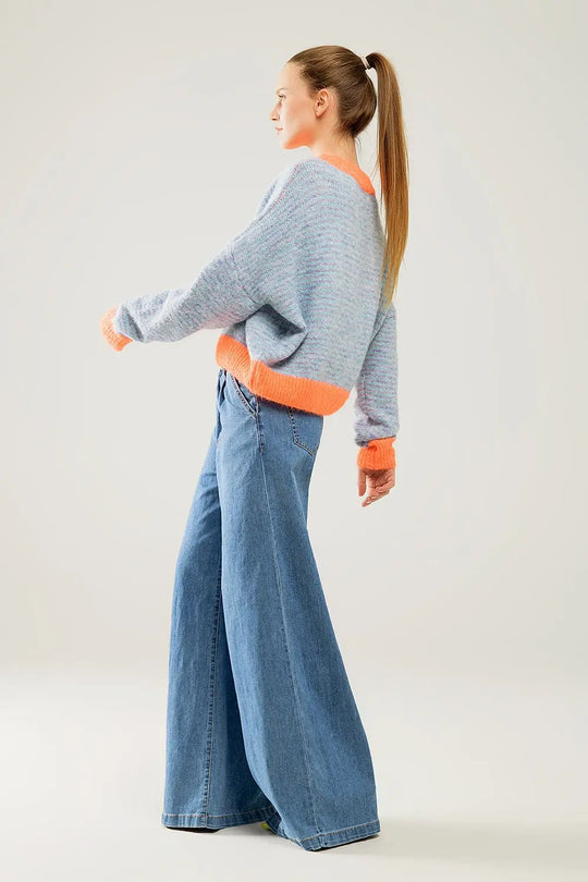 Oversized light blue/orange knit sweater - One Size / Orange - Sweaters