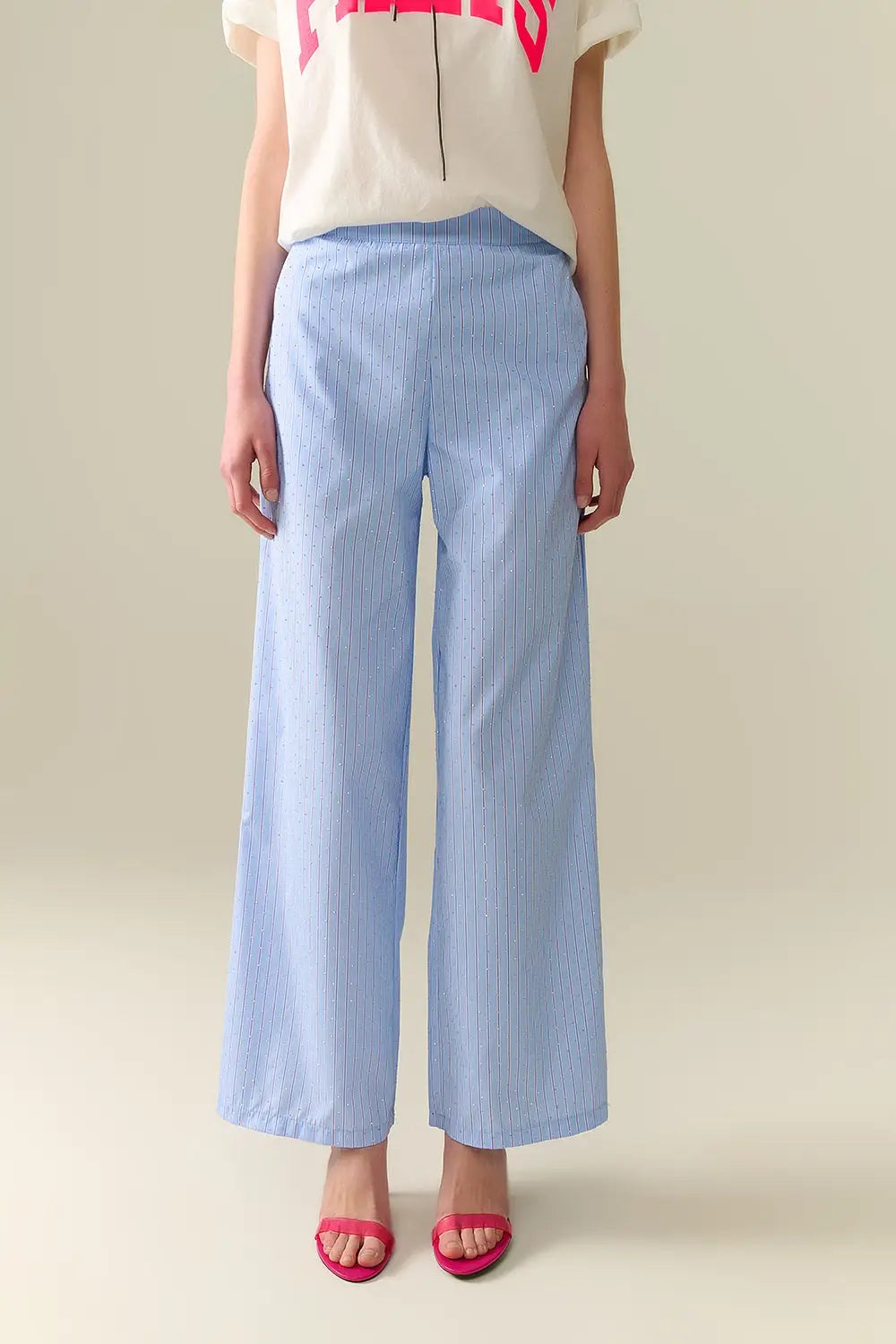 Q2 Blue Striped wide Leg Pants With strass Embellishment