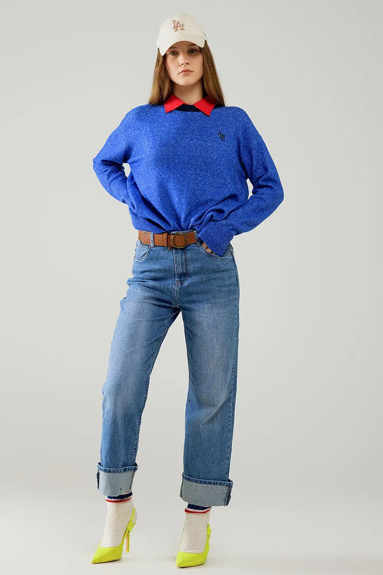Blue sweater with contrasting collar and love logo on chest - Sweaters