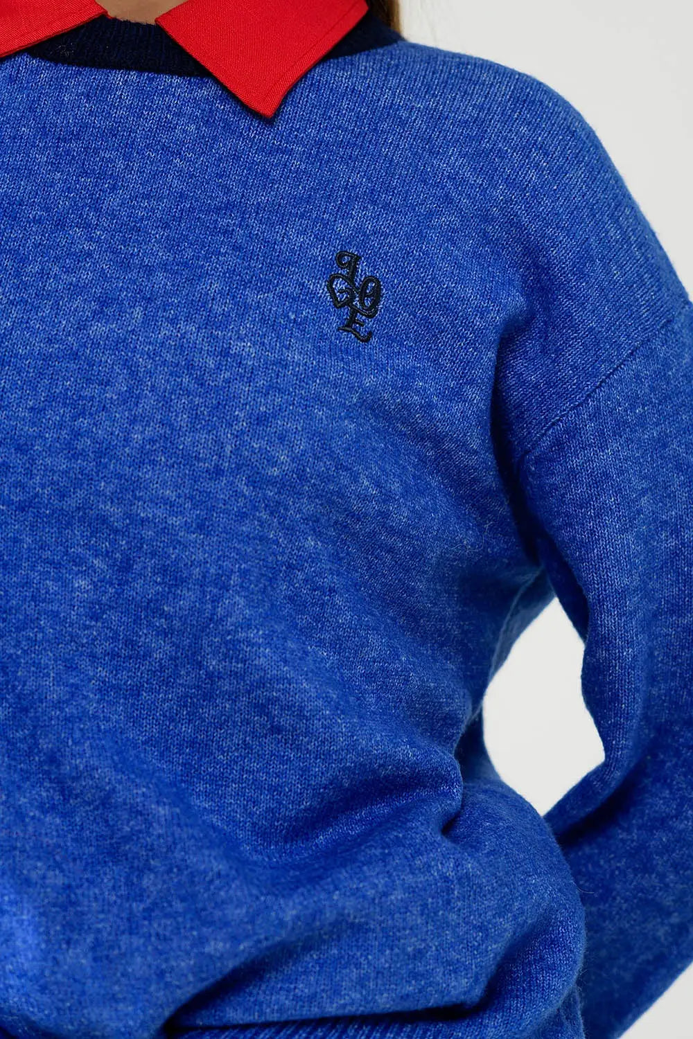 Blue sweater with contrasting collar and love logo on chest - Sweaters