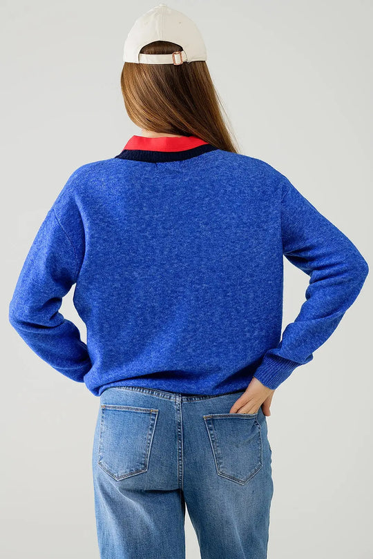 Blue sweater with contrasting collar and love logo on chest - Sweaters
