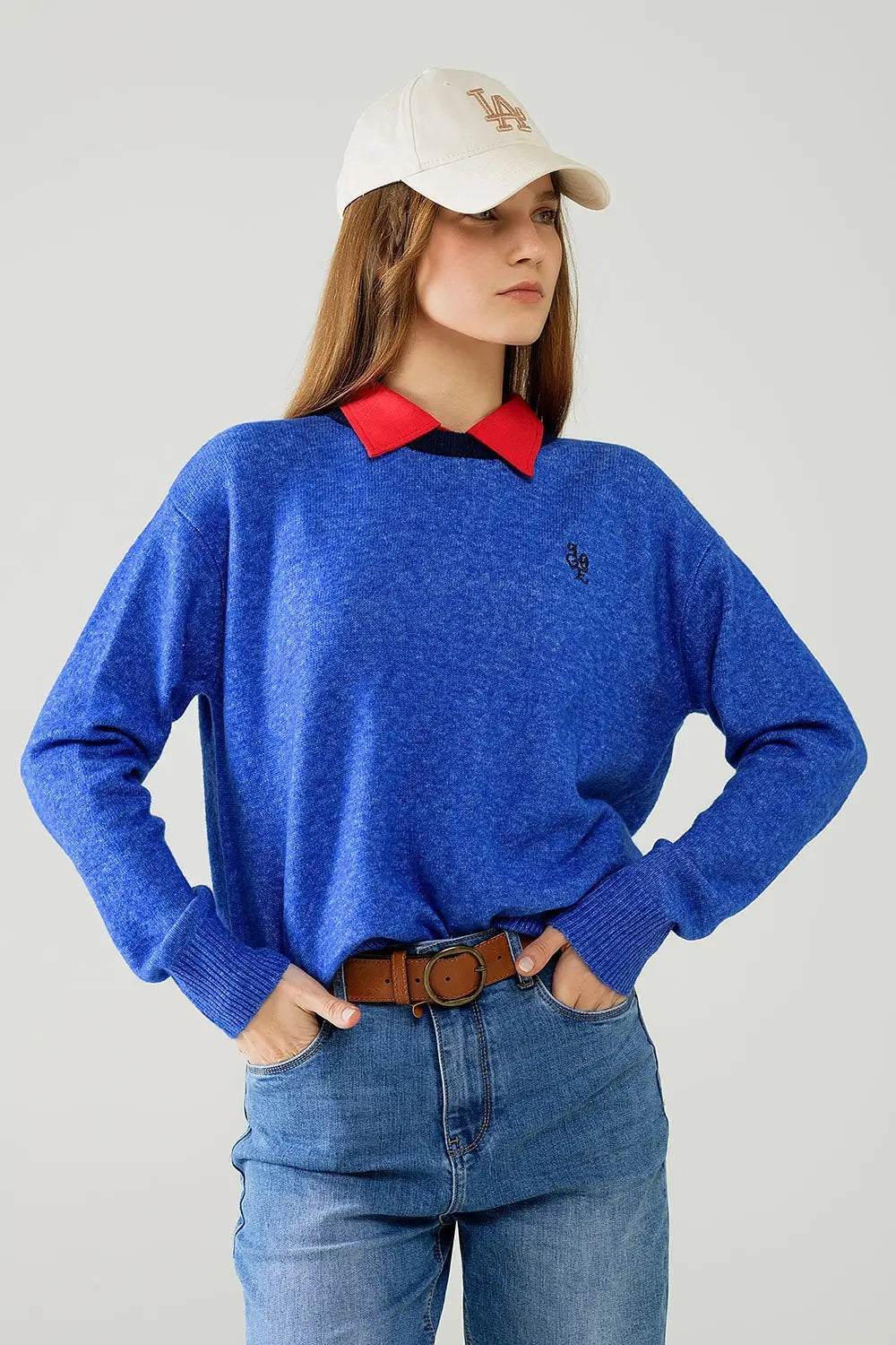 Blue sweater with contrasting collar and love logo on chest - Sweaters