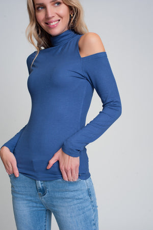 Q2 Blue sweater with one open shoulder and high neck