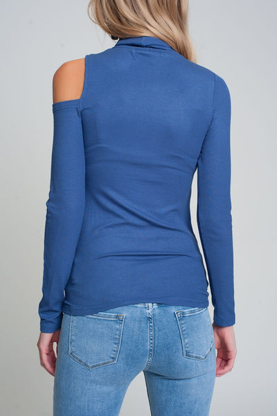 Blue sweater with one open shoulder and high neck