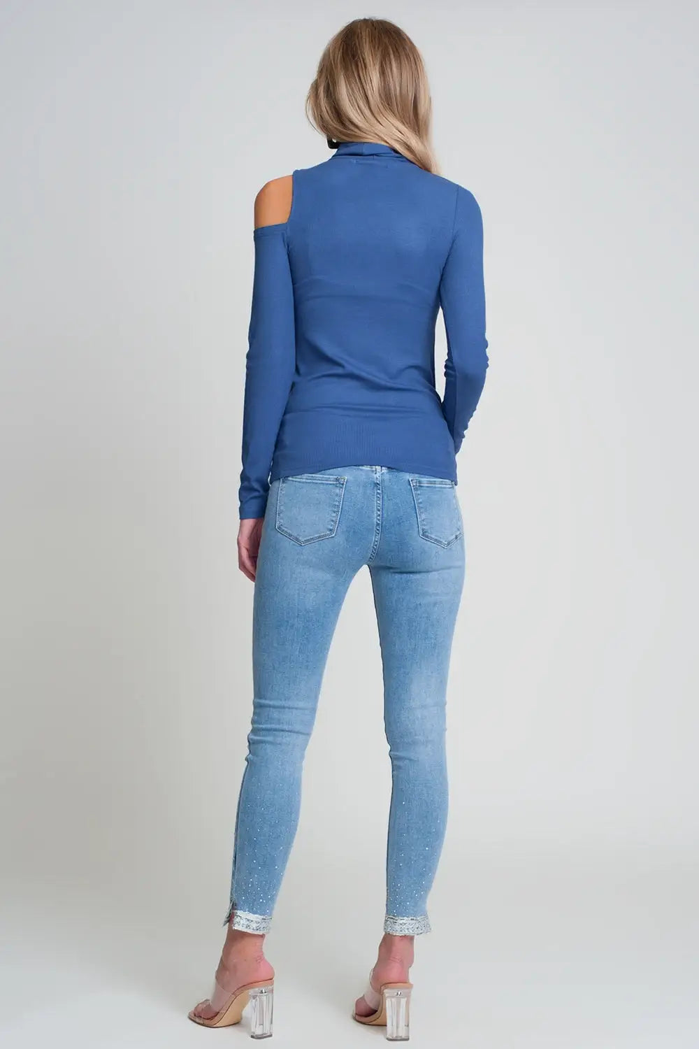 Blue sweater with one open shoulder and high neck - Sweaters