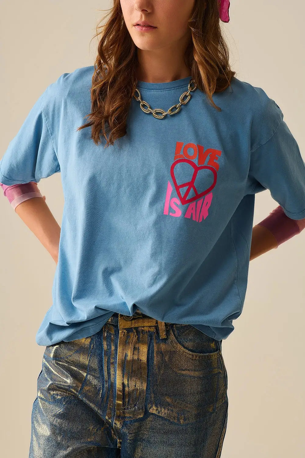 Blue T-Shirt made in italy with Love is Air and Heart with Peace logo - One Size / Blue - Tops