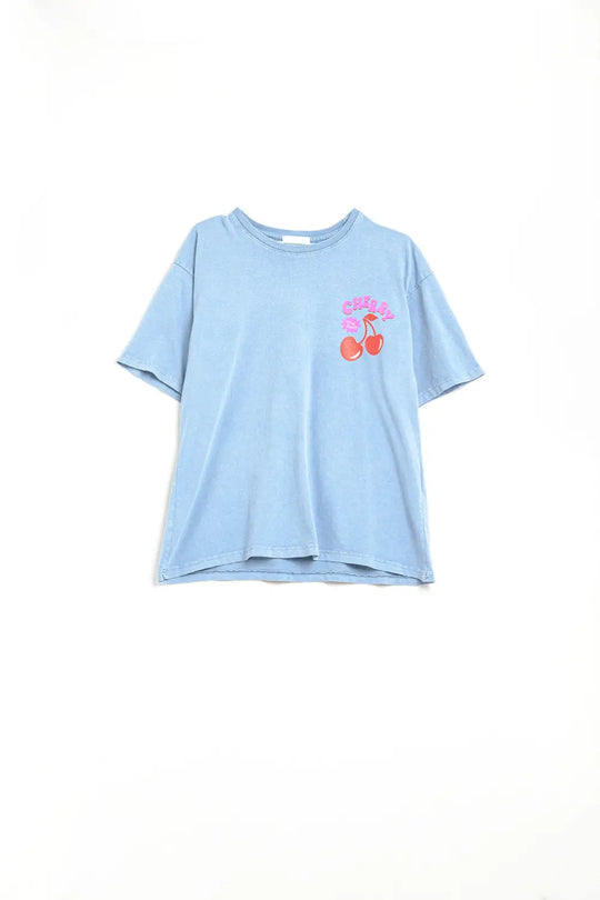 Q2 Blue T-shirt with Cherry in logo and letters