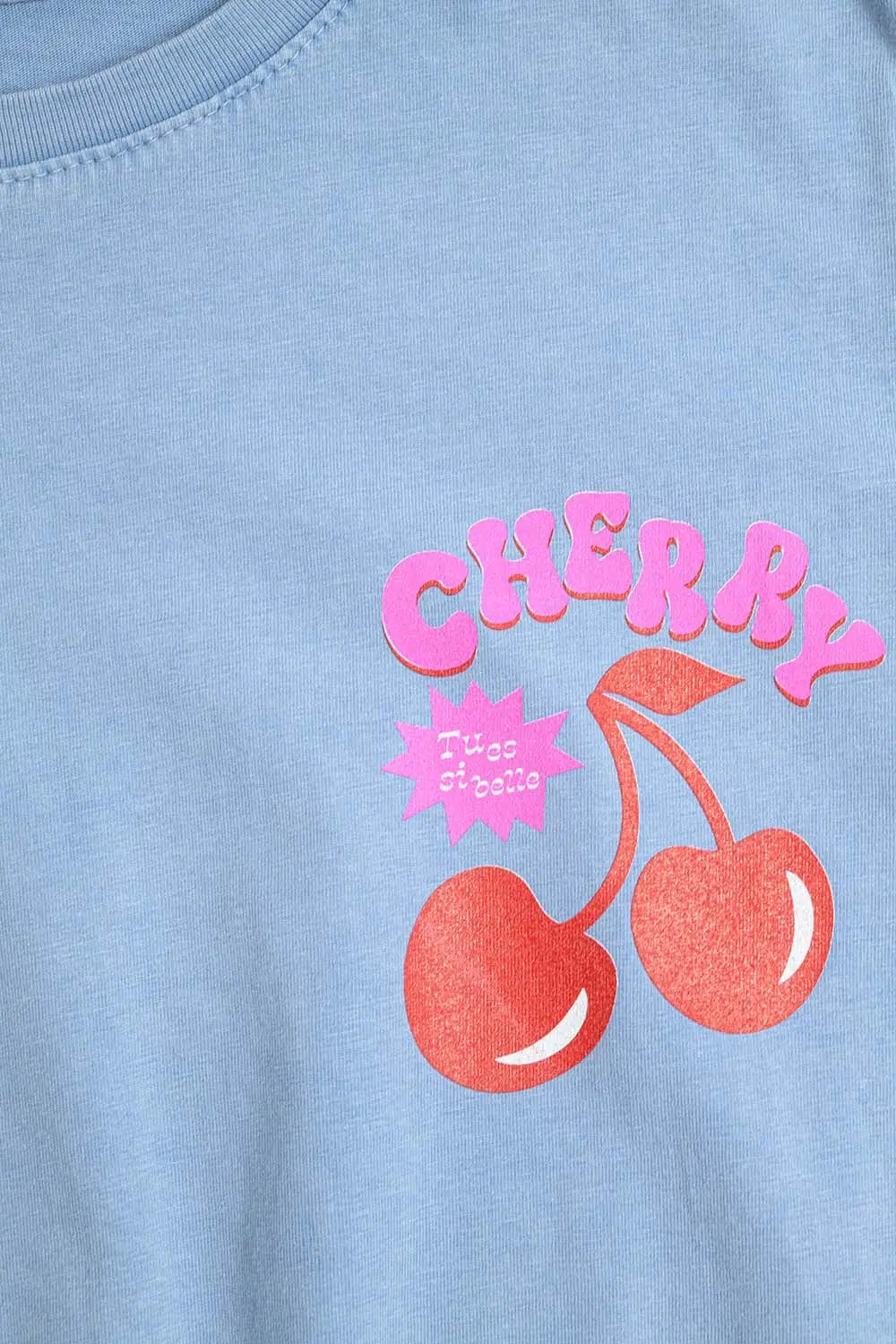 Blue T-shirt with Cherry in logo and letters - One Size / Blue - Tops