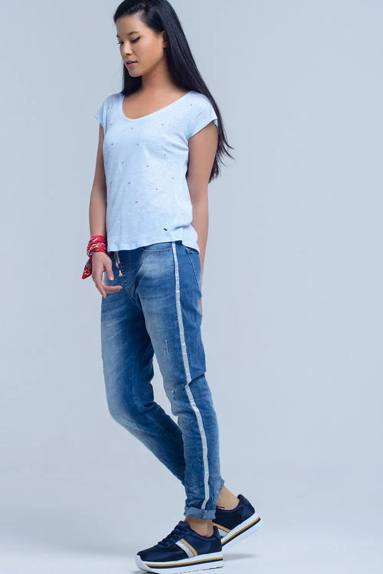 Blue t-shirt with crystal rhinestones - Tops