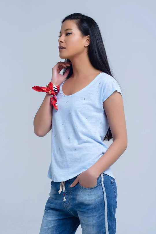Blue t-shirt with crystal rhinestones - Tops