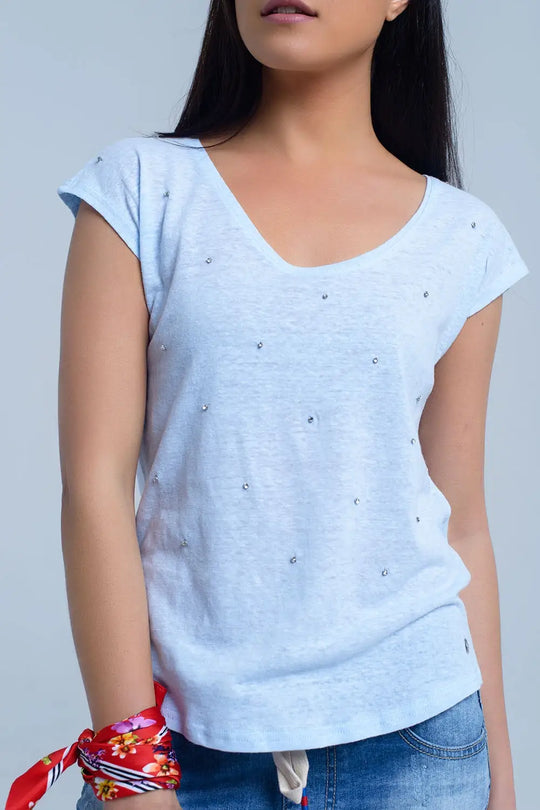 Blue t-shirt with crystal rhinestones - Tops