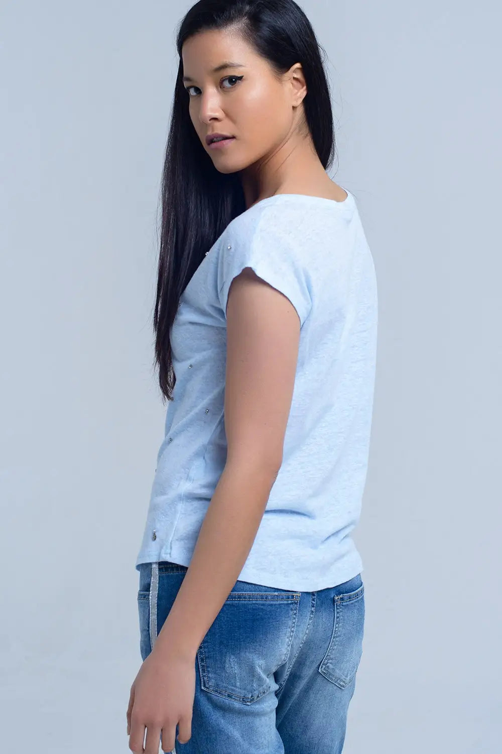 Blue t-shirt with crystal rhinestones - Tops