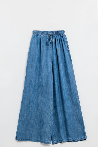 Blue tencel Denim-Style Wide-Leg Fluid Pants