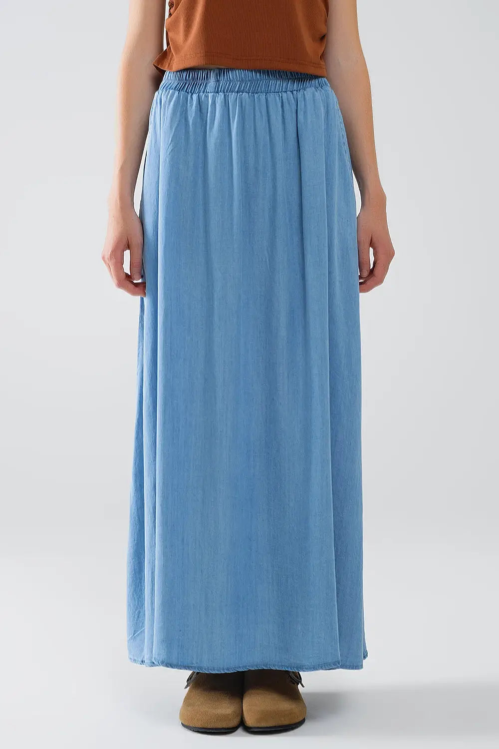 Q2 Blue Tencel Denim-Styled Maxi Skirt