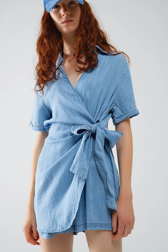 Blue Tencel Denim Wrap Front Jumpsuit - Dresses