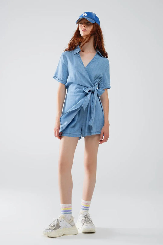 Blue Tencel Denim Wrap Front Jumpsuit - Dresses