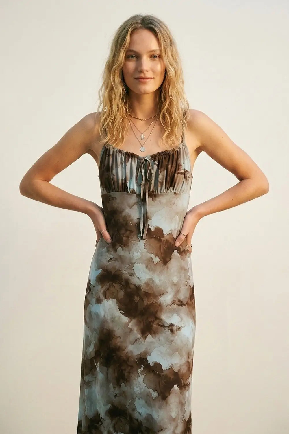 Q2 Blue Tie-Dye Maxi Slip Dress with Adjustable Straps