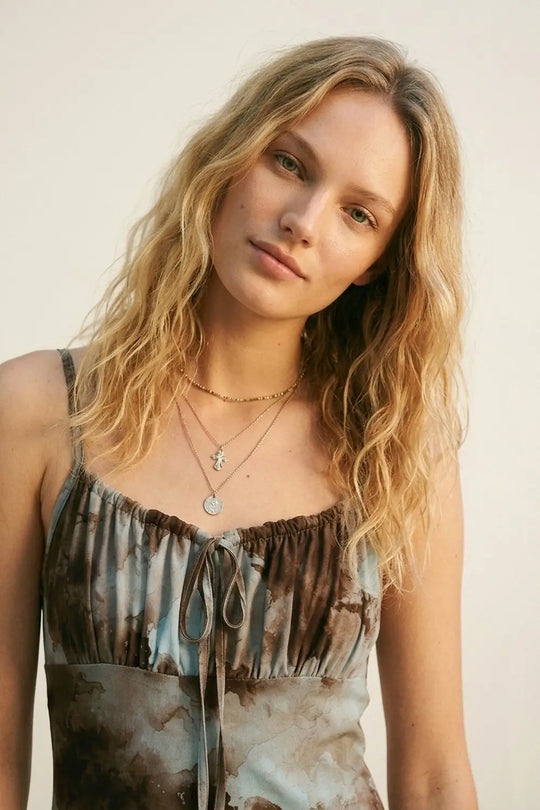 Blue Tie-Dye Maxi Slip Dress with Adjustable Straps - Dresses