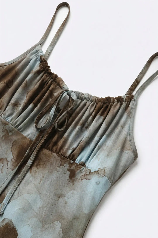 Blue Tie-Dye Maxi Slip Dress with Adjustable Straps - Dresses